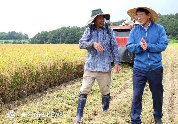 강진원 강진군수가 병영면 조생종 벼 수확현장을 찾아 농업인들을 격려하고 애로사항을 들었다.