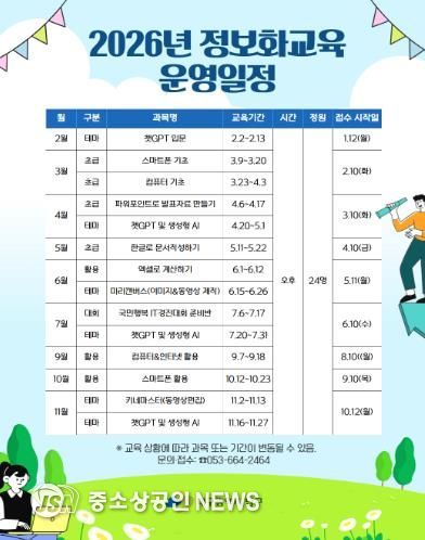 대구 남구는 2026년 구민 대상 정보화교육을 운영한다. 2월~11월까지 9개월간 컴퓨터, 스마트폰 등 다양한 교육을 시행하며 문의 사항은 남구청(☎664-2464)으로 문의하면 된다.