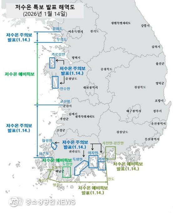 저수온 특보 발령 해역
