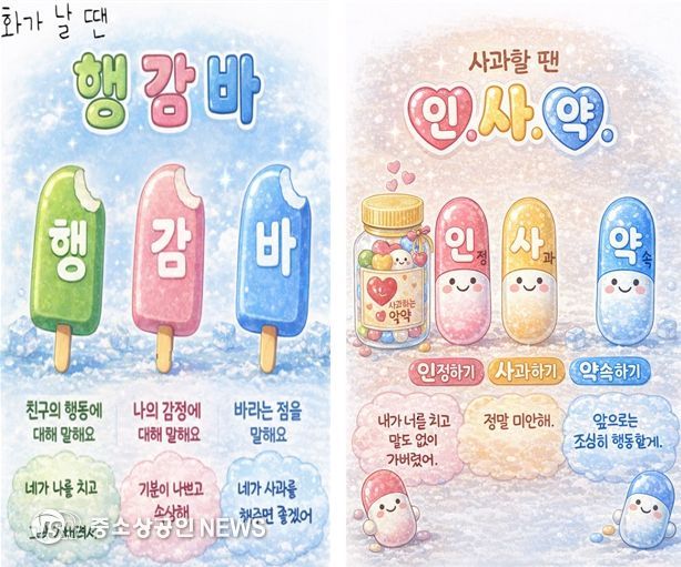 ‘행감바 인사약 포스터’는 인성교육 꾸러미 자료 중 하나로 학생들이 화가날 때 사과할 때 대화하는 방법을 이미지와 글로 나타낸 자료이다.